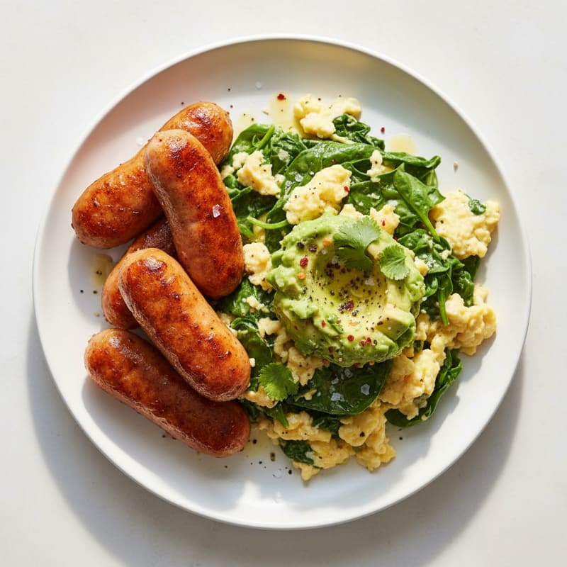 Golden Pan-Seared Sausage with Zesty Avocado Scramble