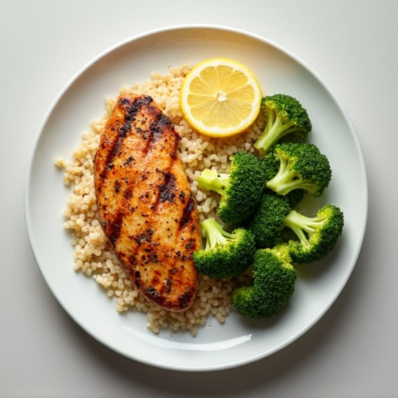 Grilled Lemon-Garlic Chicken Breast with Quinoa and Steamed Broccoli