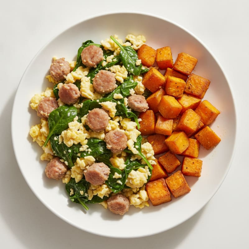 Egg White and Turkey Sausage Scramble with Spinach and Roasted Sweet Potato
