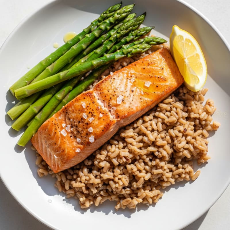 Seared Salmon with Steamed Asparagus and Brown Rice