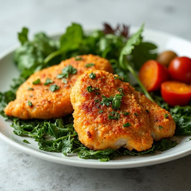 Crispy Lemon Herb Chicken with Roasted Sweet Potatoes and Greens