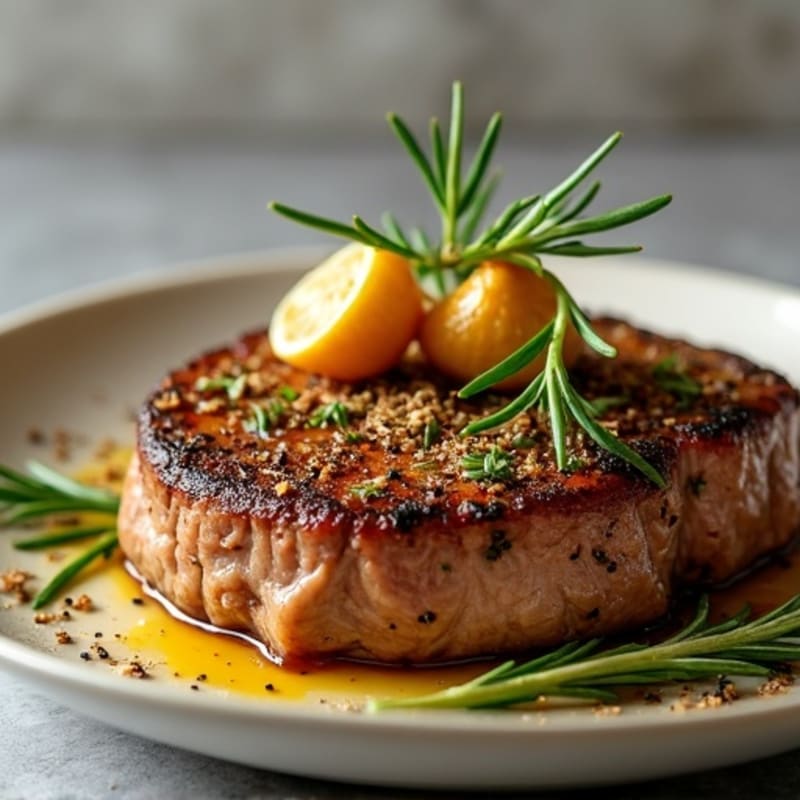 Herb-Crusted Pan Seared Steak with Roasted Garlic