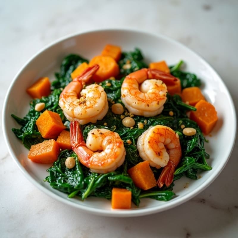 Pan-Seared Garlic Shrimp with Silky Spinach and Roasted Sweet Potatoes