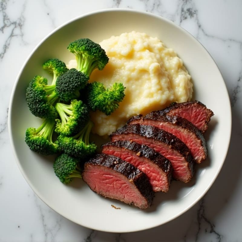 Seared Lean Beef Strips with Roasted Broccoli and Cauliflower Mash