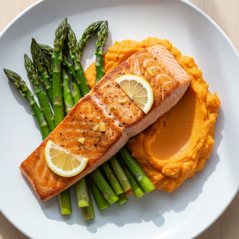 Seared Salmon Fillet with Roasted Asparagus and Sweet Potato Mash