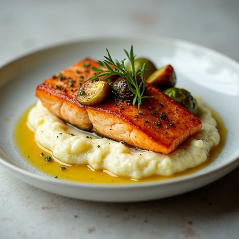 Seared Salmon with Roasted Brussels Sprouts and Cauliflower Mash