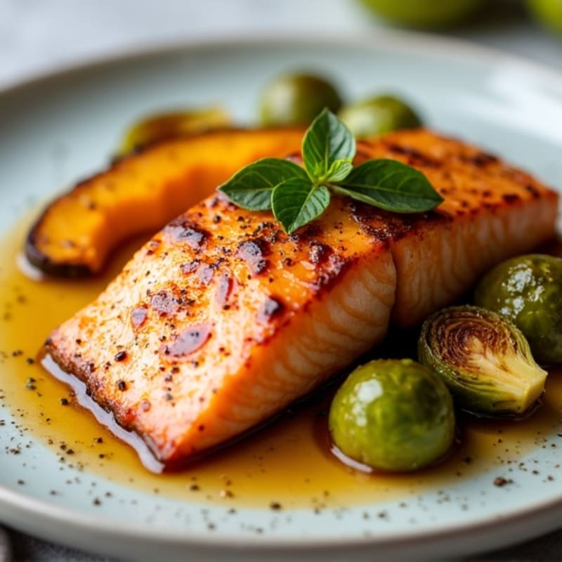 Maple-Glazed Salmon with Roasted Brussels Sprouts and Butternut Squash