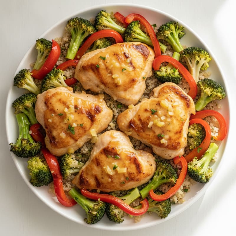 Lemon Garlic Chicken Thighs with Roasted Broccoli and Bell Peppers