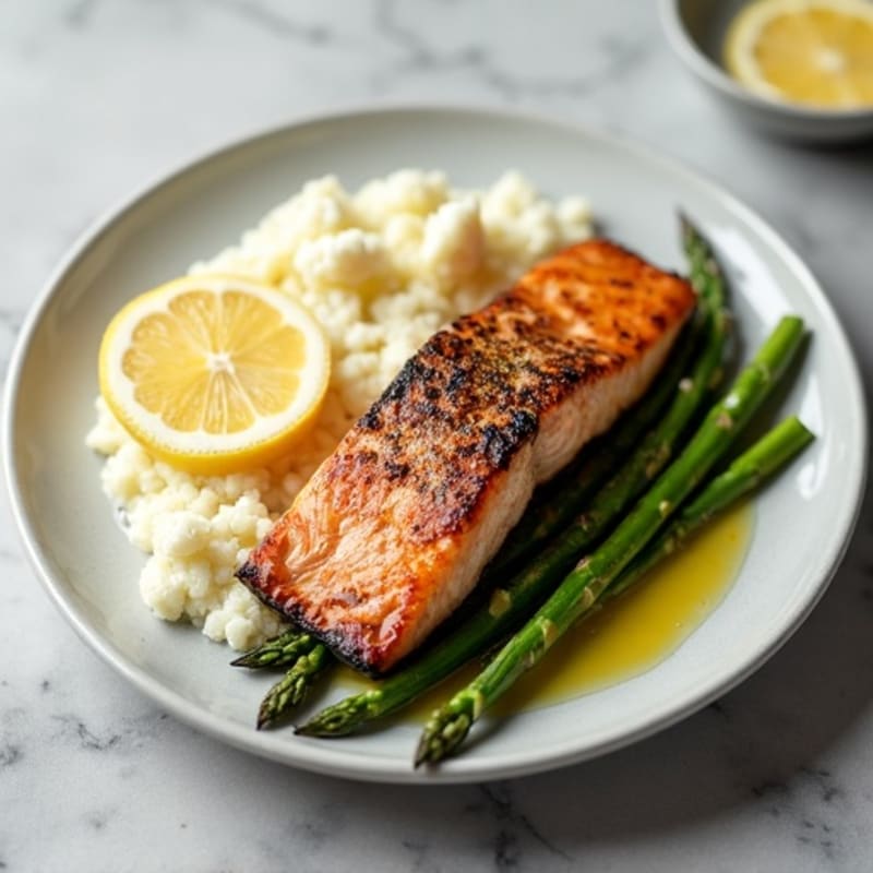 Seared Salmon with Roasted Asparagus and Cauliflower Mash
