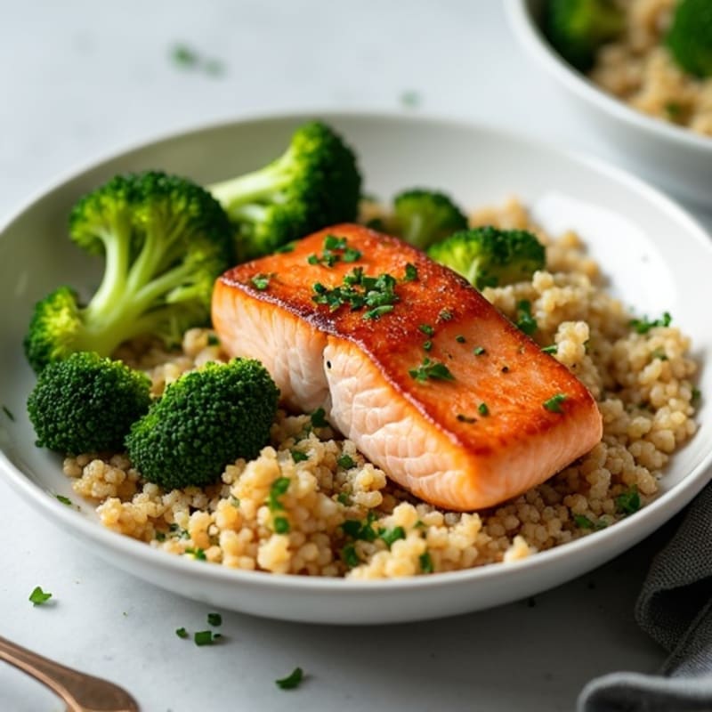 Seared Salmon with Steamed Broccoli and Quinoa