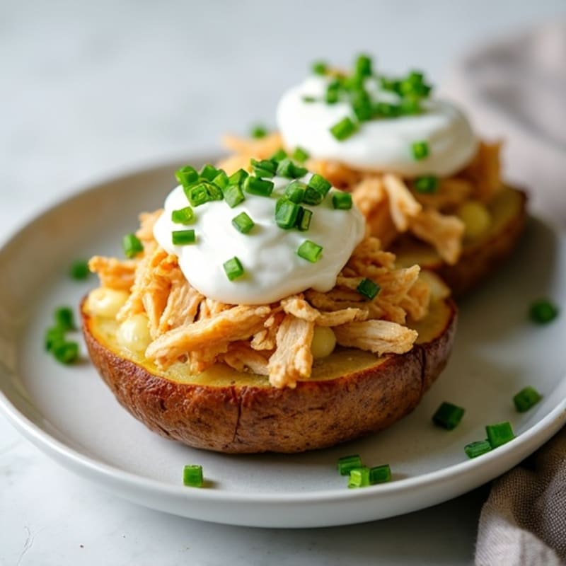 Crispy Baked Potatoes with Shredded Chicken and Creamy Greek Yogurt Chive Topping