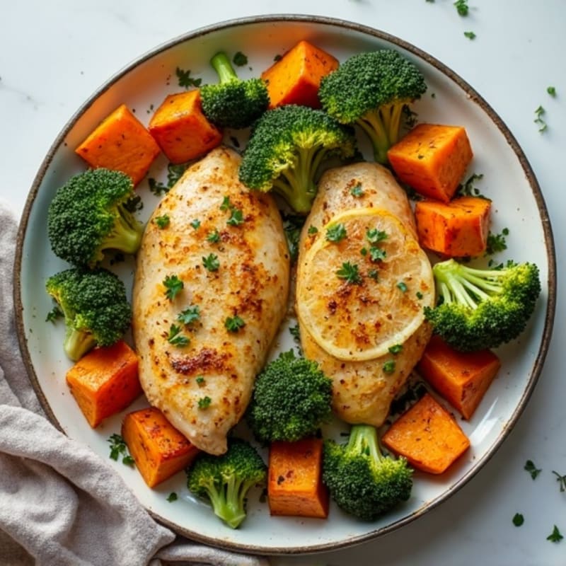Sheet Pan Lemon Herb Chicken with Crispy Roasted Broccoli and Sweet Potatoes