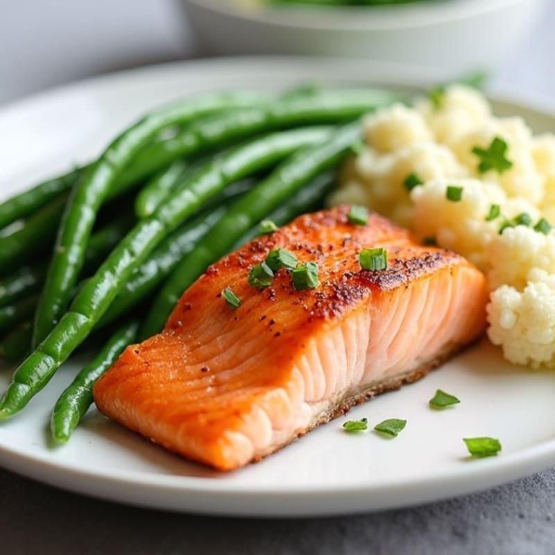Seared Salmon Fillet with Steamed Green Beans and Garlic Mashed Cauliflower