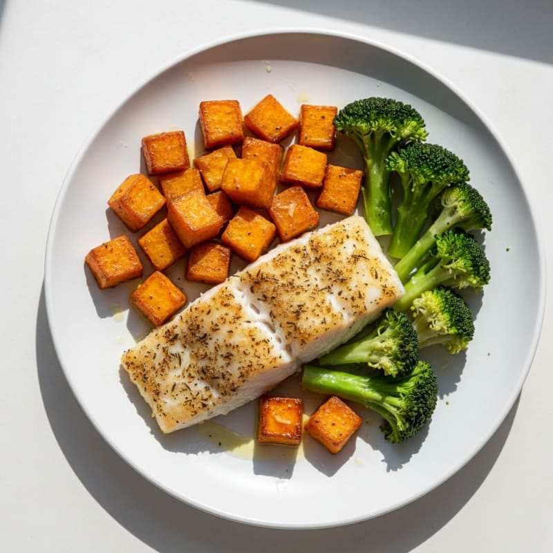 Herb-Baked White Fish with Roasted Sweet Potatoes and Steamed Broccoli
