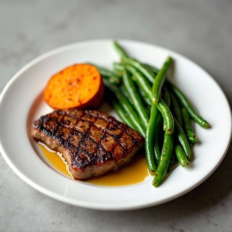 Seared Steak with Garlic Green Beans and Roasted Sweet Potato