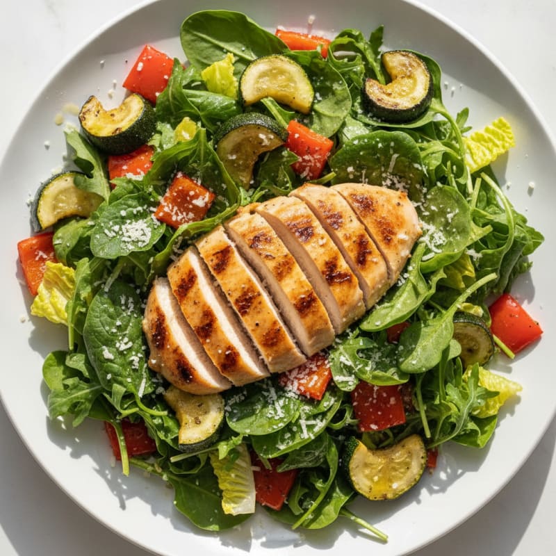 Grilled Chicken and Roasted Vegetable Salad with Shredded Cheese