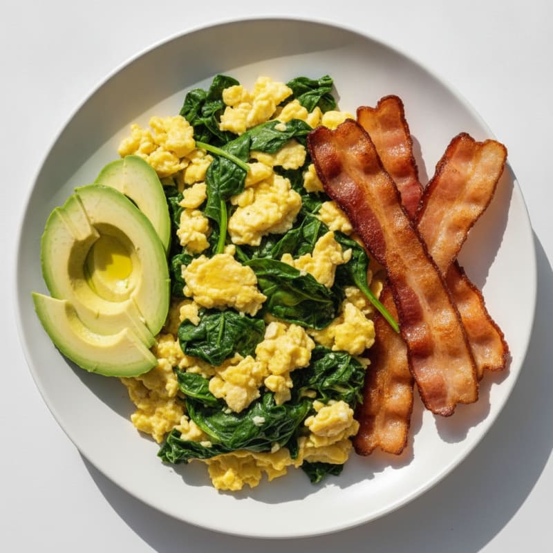 Crispy Turkey Bacon and Egg Scramble with Sautéed Spinach