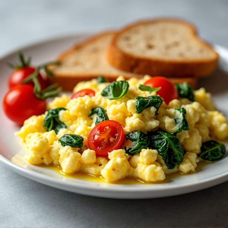 Cottage Cheese Egg Scramble with Spinach and Cherry Tomatoes