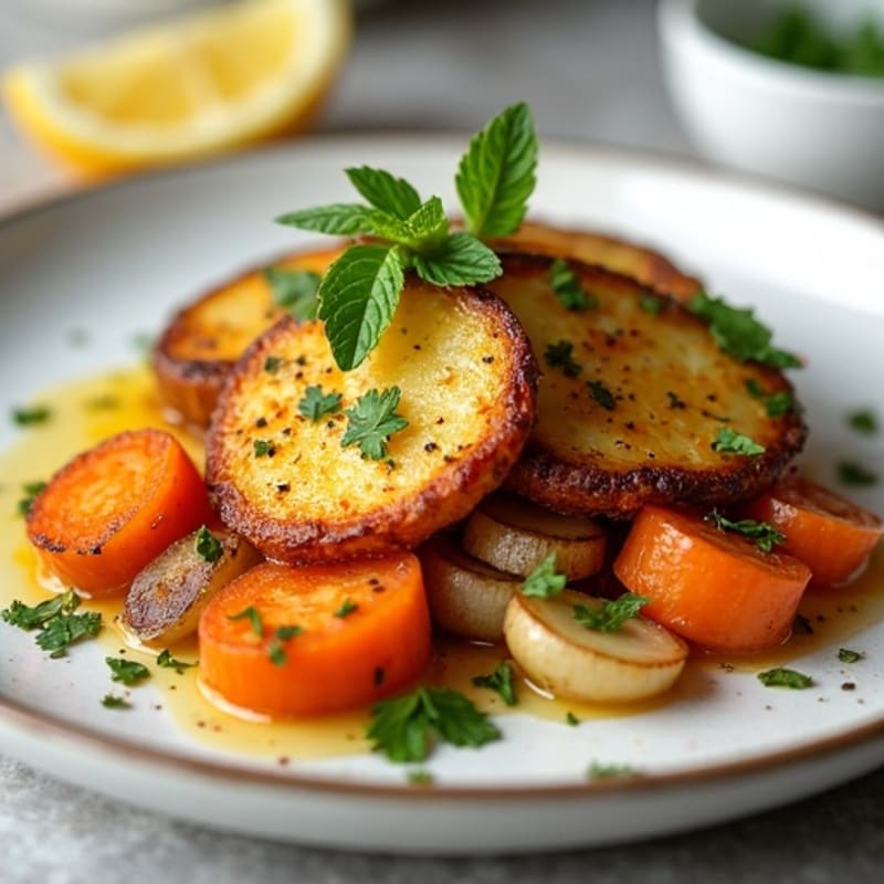 Crispy Pan-Seared Halloumi with Roasted Root Vegetables and Fresh Lemon-Herb Vinaigrette