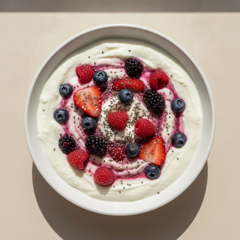 Vanilla Protein Greek Yogurt with Mixed Berries and Chia Seeds