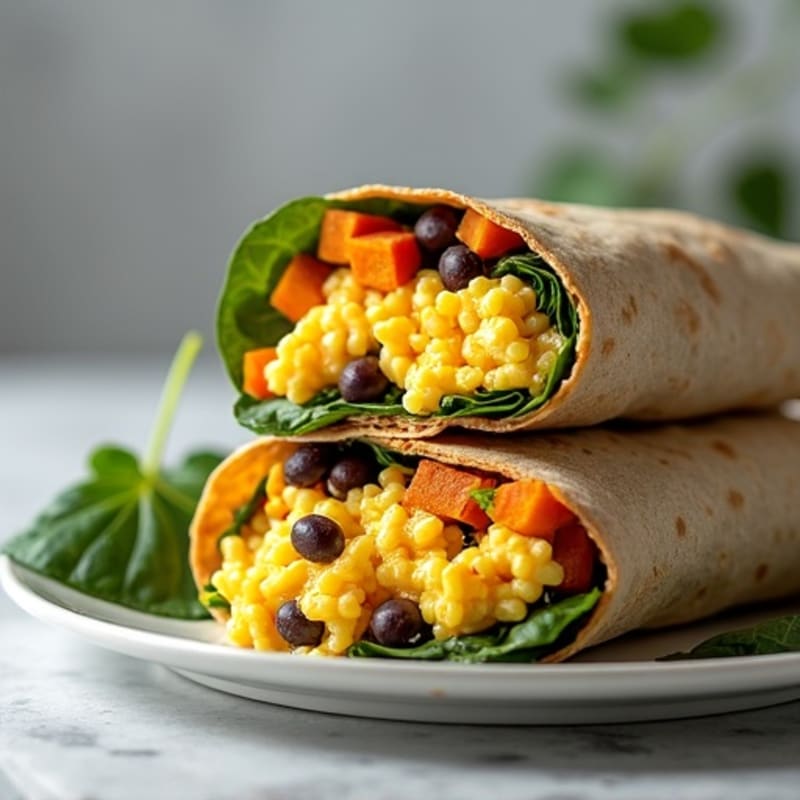Fluffy Scrambled Eggs with Black Beans, Roasted Sweet Potato, and Spinach Whole Wheat Burrito