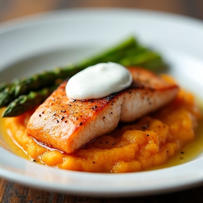Seared Salmon with Roasted Asparagus and Sweet Potato Mash