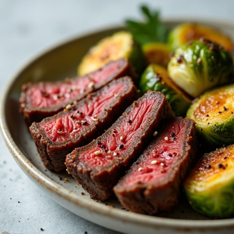Tender Beef Bites with Crispy Roasted Brussels Sprouts