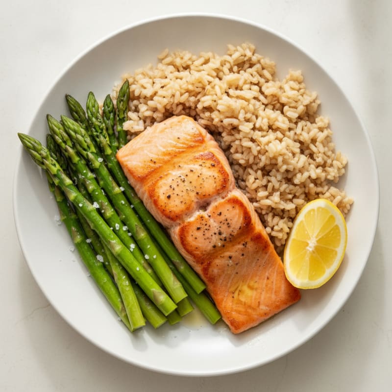 Seared Salmon Fillet with Steamed Asparagus and Brown Rice