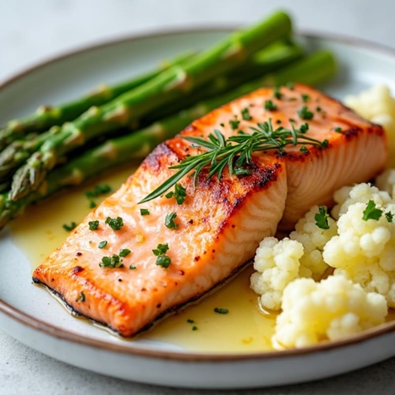 Seared Salmon with Steamed Asparagus and Garlic Mashed Cauliflower