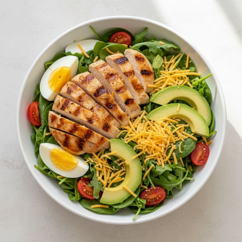 Grilled Chicken Salad with Avocado and Shredded Cheese