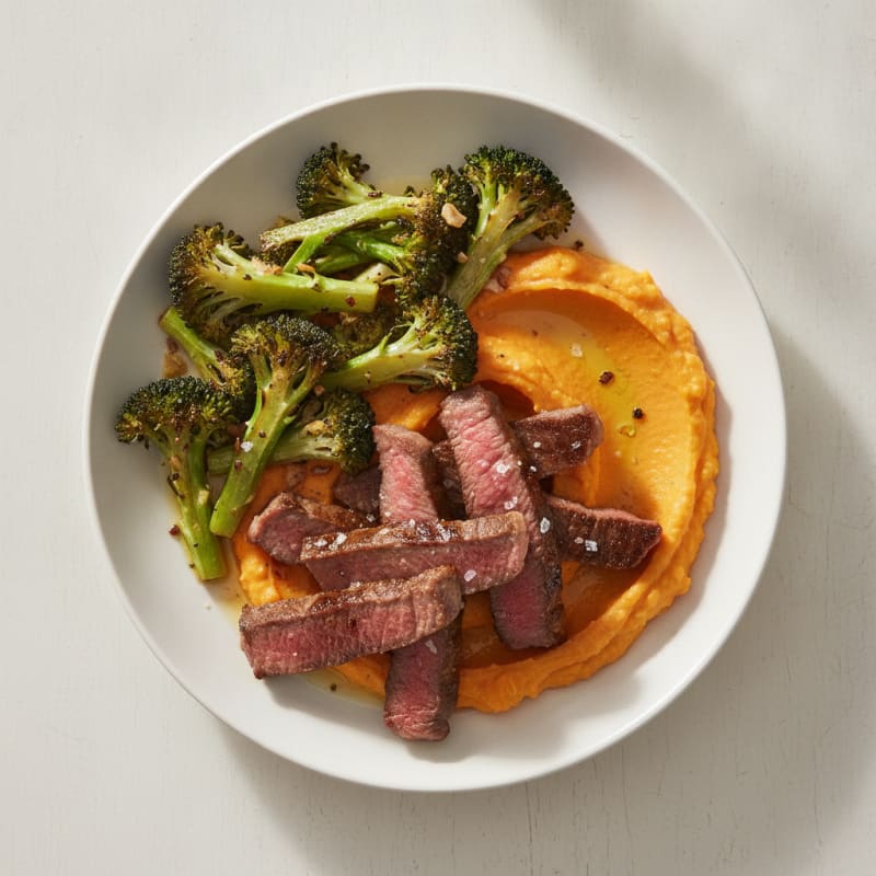 Seared Lean Beef Strips with Roasted Broccoli and Sweet Potato Mash