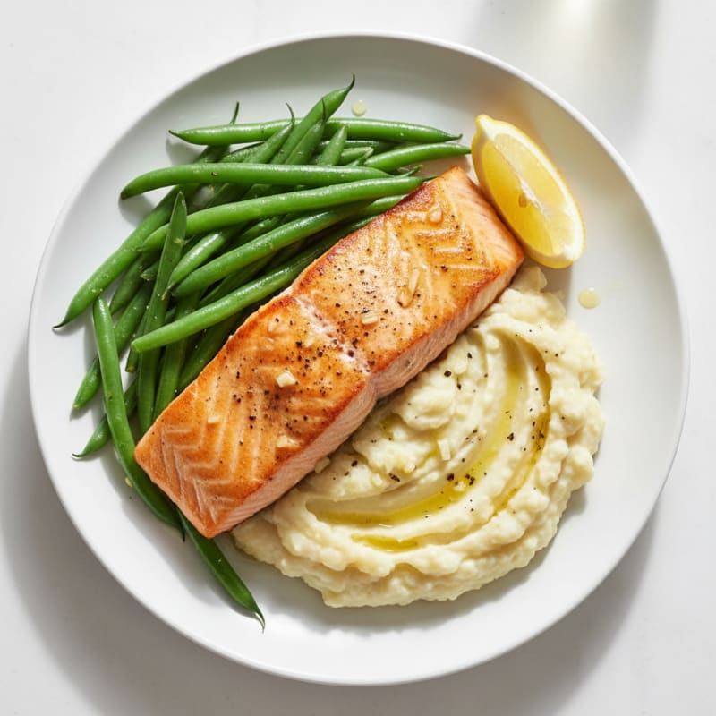 Seared Salmon with Steamed Green Beans and Garlic Mashed Cauliflower