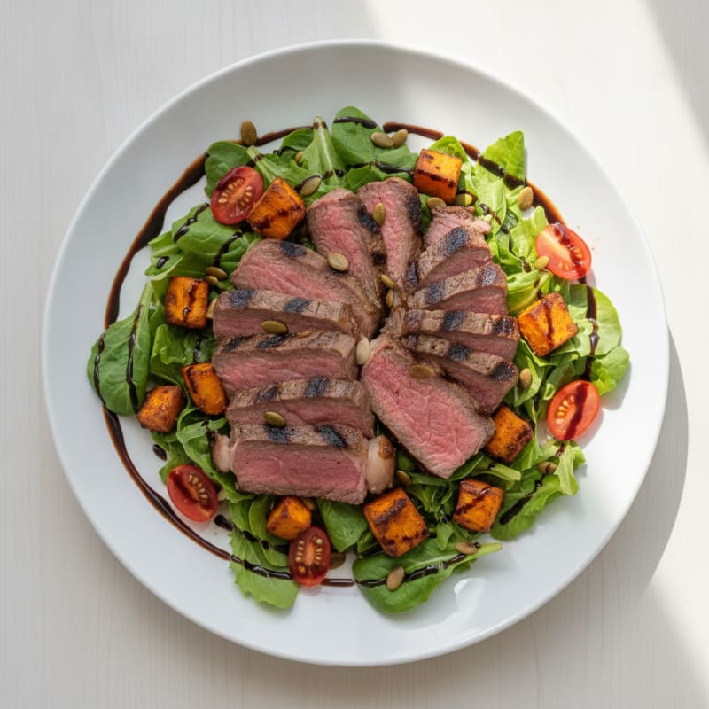 Grilled Steak Salad with Roasted Sweet Potatoes and Mixed Greens