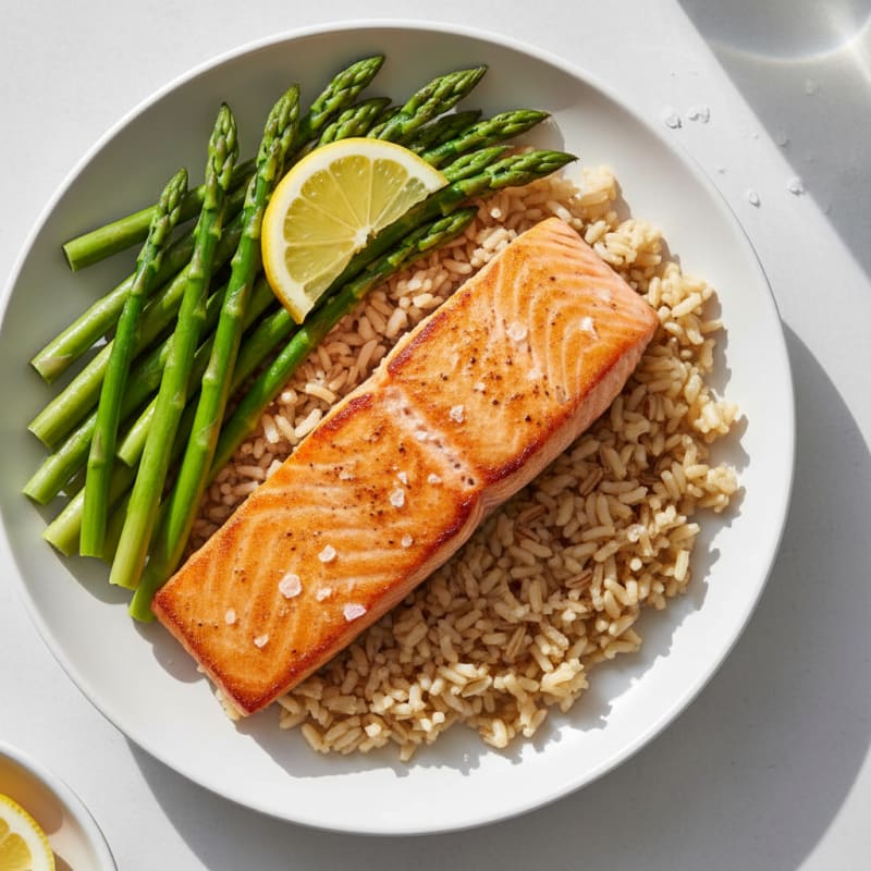 Seared Salmon with Steamed Asparagus and Brown Rice
