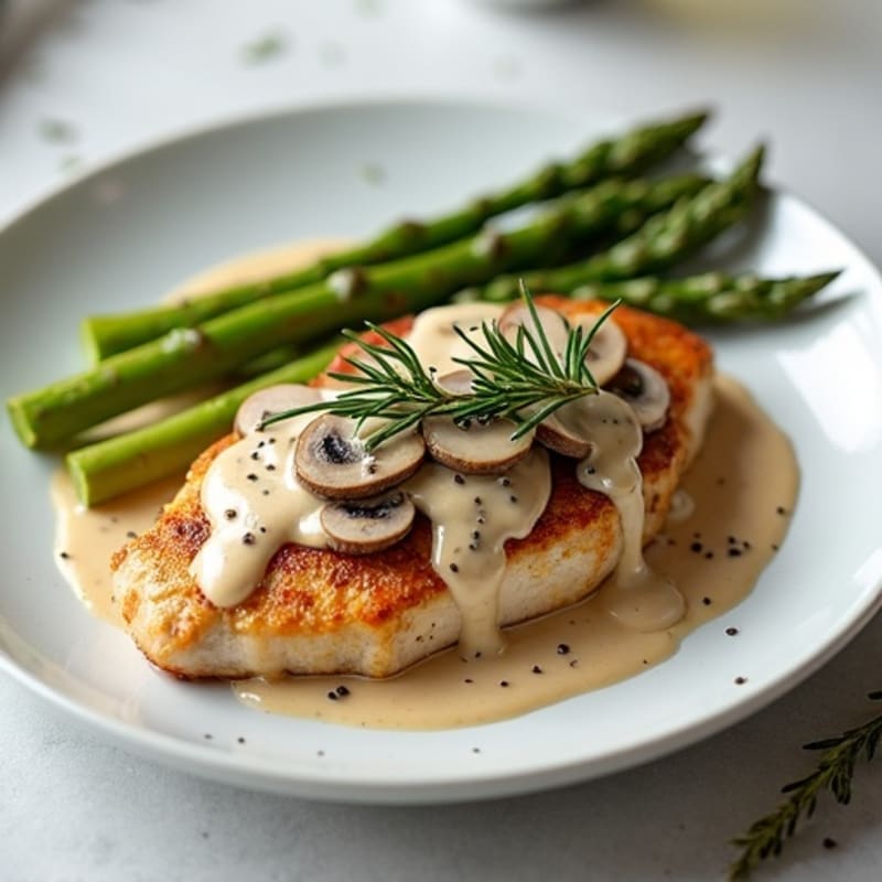 Seared Chicken with Creamy Truffle Mushrooms and Crispy Asparagus