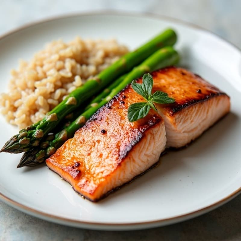 Seared Salmon Fillet with Steamed Asparagus and Brown Rice