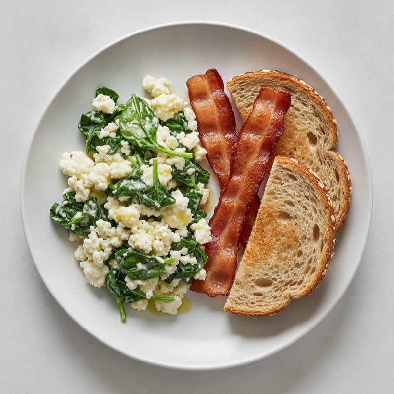 Egg White and Cottage Cheese Scramble with Spinach and Turkey Bacon