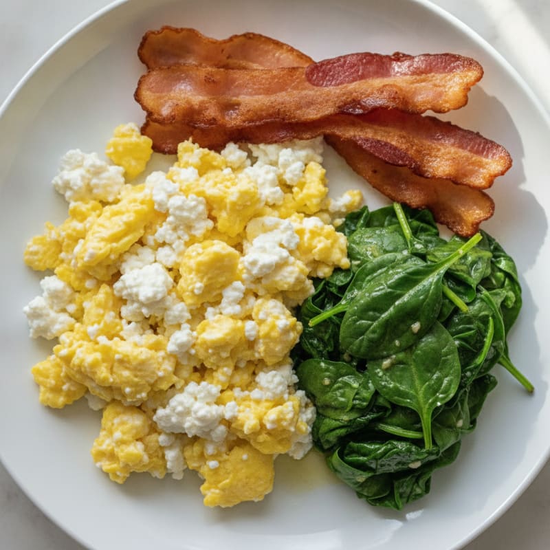 Cottage Cheese Egg Scramble with Sautéed Spinach and Turkey Bacon