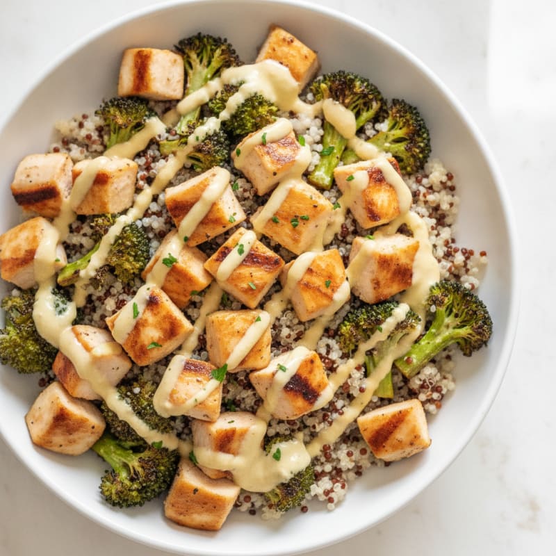 Grilled Chicken and Quinoa Bowl with Roasted Broccoli and Lemon Tahini Drizzle