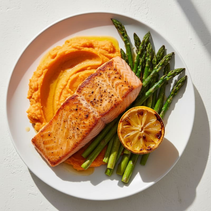 Seared Salmon Filet with Roasted Asparagus and Sweet Potato Mash