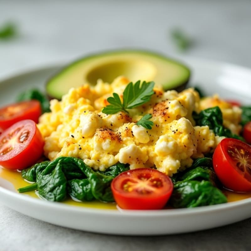 Cottage Cheese Egg White Scramble with Spinach and Cherry Tomatoes