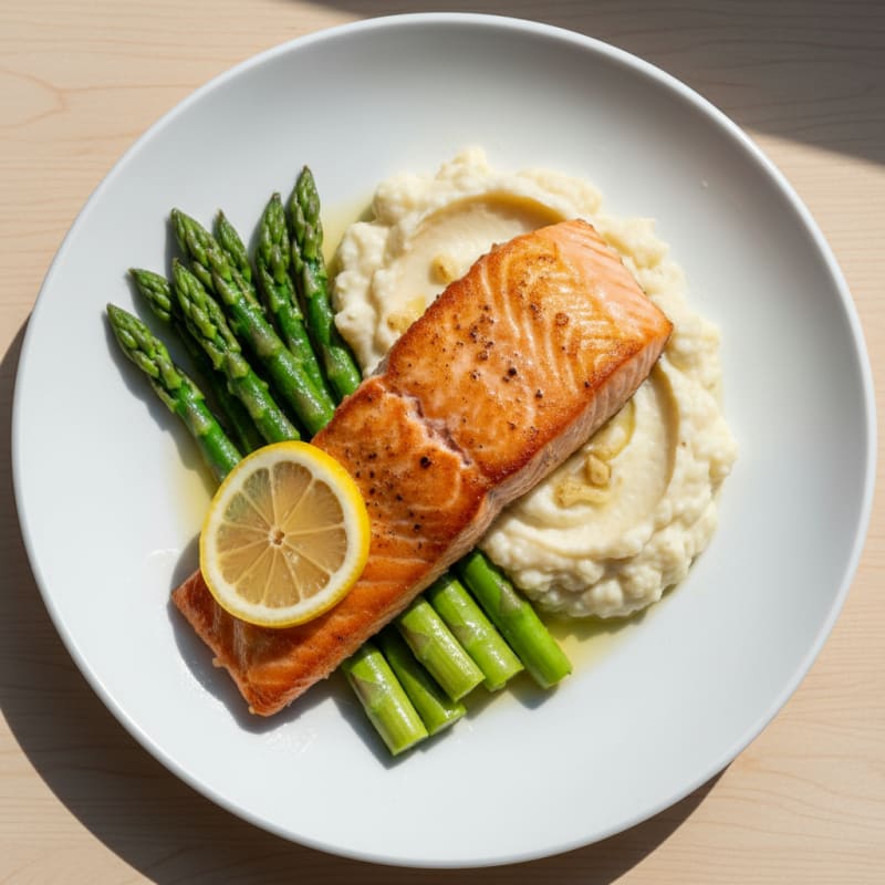 Seared Salmon with Steamed Asparagus and Cauliflower Mash