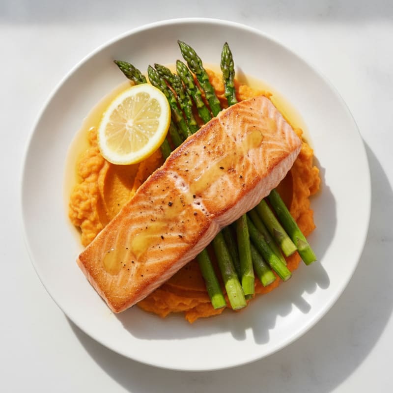 Seared Salmon with Roasted Asparagus and Sweet Potato Mash