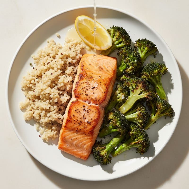 Seared Salmon Fillet with Roasted Broccoli and Quinoa