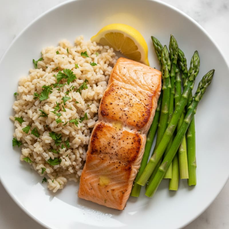 Seared Salmon Fillet with Steamed Asparagus and Herb Brown Rice