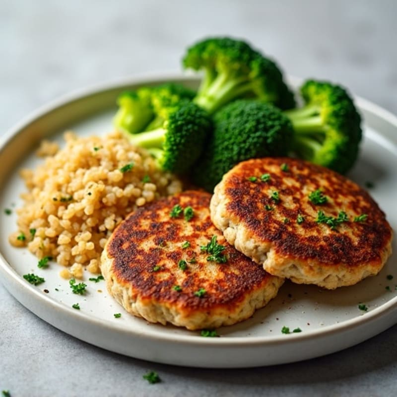 Seared Turkey Patties with Roasted Broccoli and Quinoa