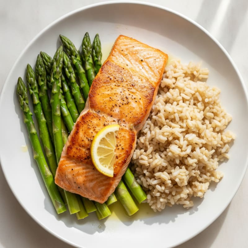Seared Salmon with Steamed Asparagus and Brown Rice
