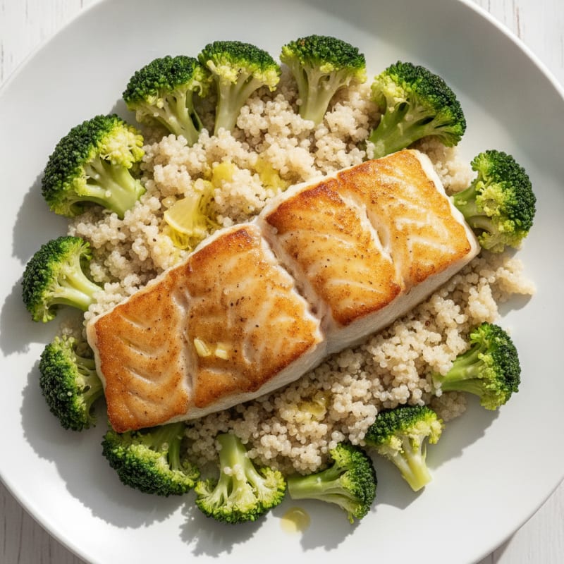 Seared Cod with Steamed Broccoli and Quinoa