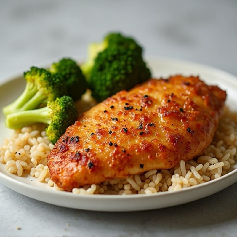 Crispy Roasted Chicken with Garlic Brown Rice and Roasted Broccoli