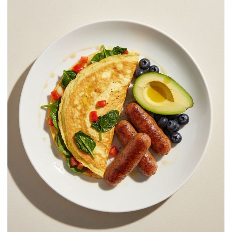 Egg White Veggie Omelet with Turkey Sausage and Sautéed Spinach